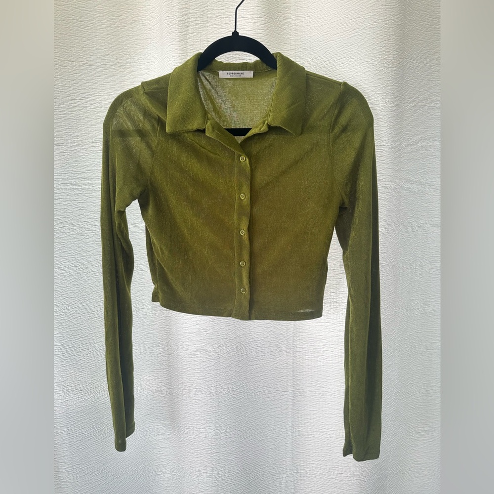 Peppermayo Olive Sheer Cropped Button-Up Top